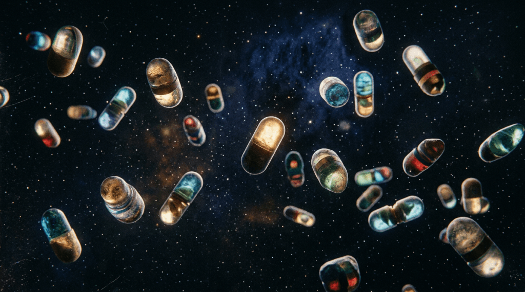 Various colorful capsules floating in a dark star-filled space background