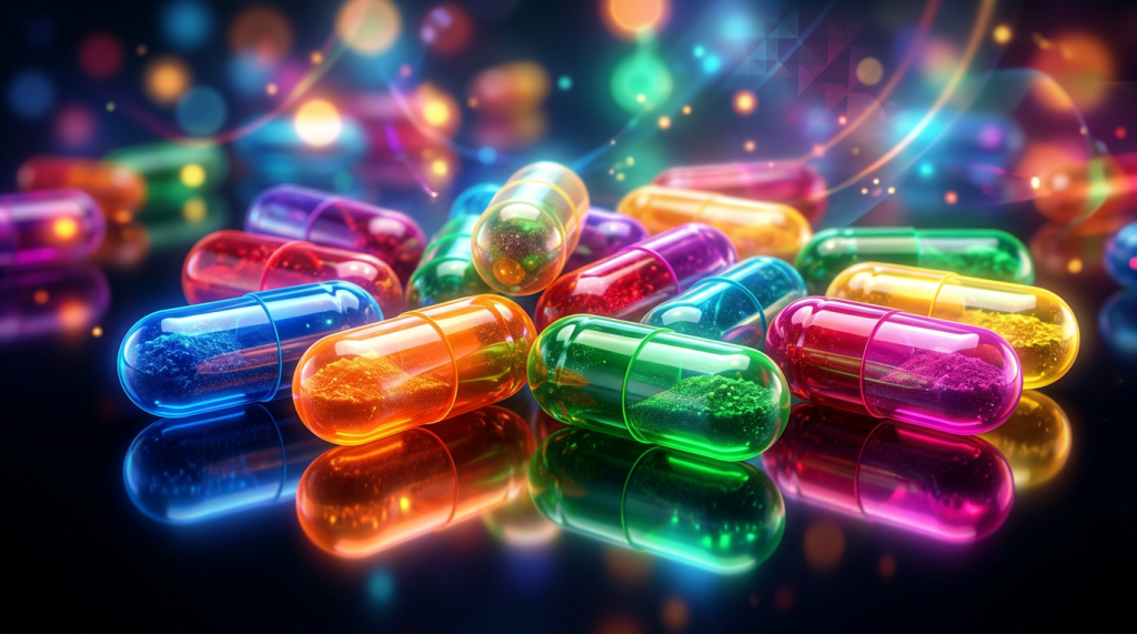 Various translucent capsules in multiple vivid colors containing colored powders