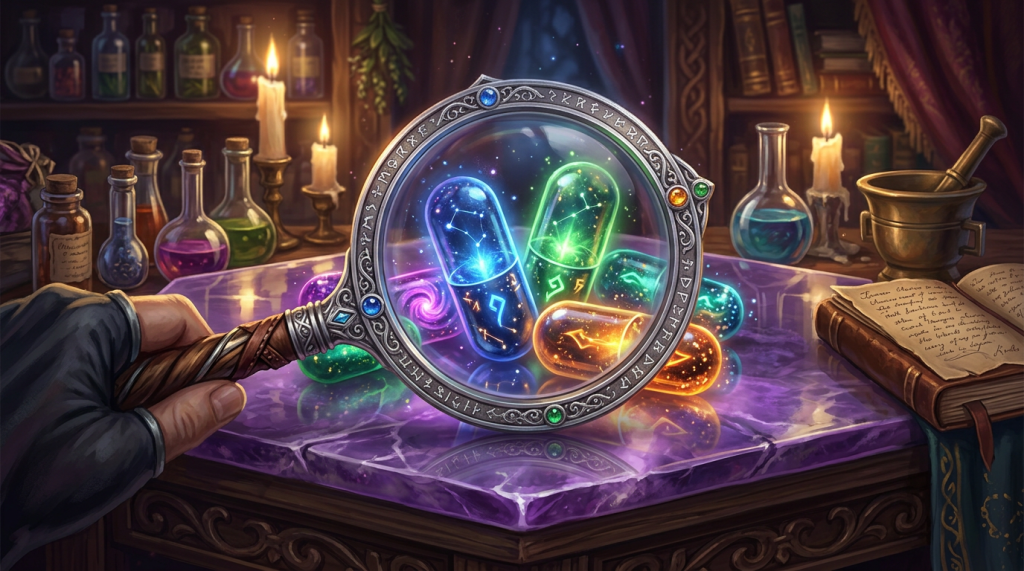 Enchanted glowing capsules with mystical symbols viewed through a magical magnifying glass on a purple table.