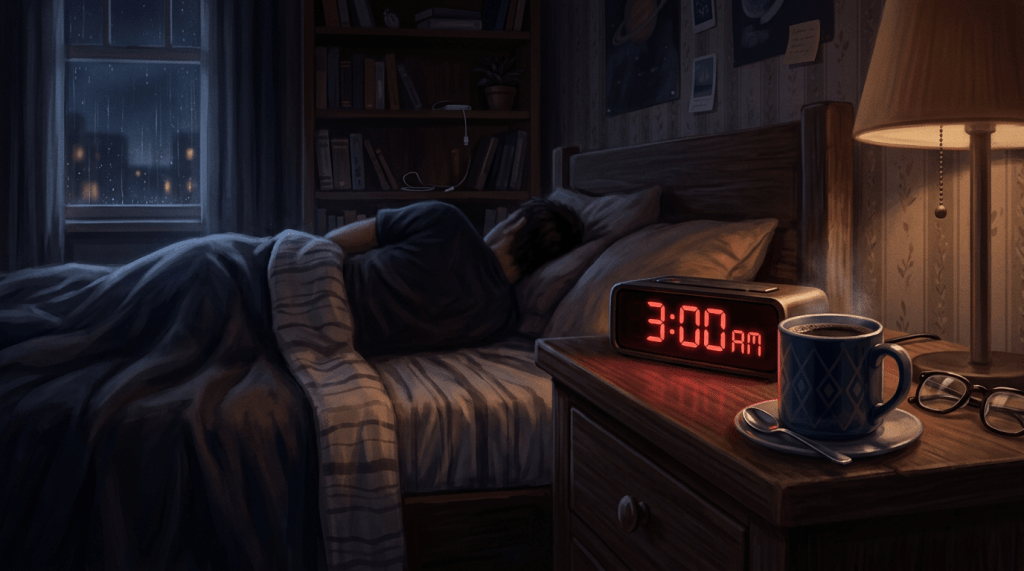 Person sleeping in bed at 3 AM with alarm clock and steaming coffee cup on nightstand