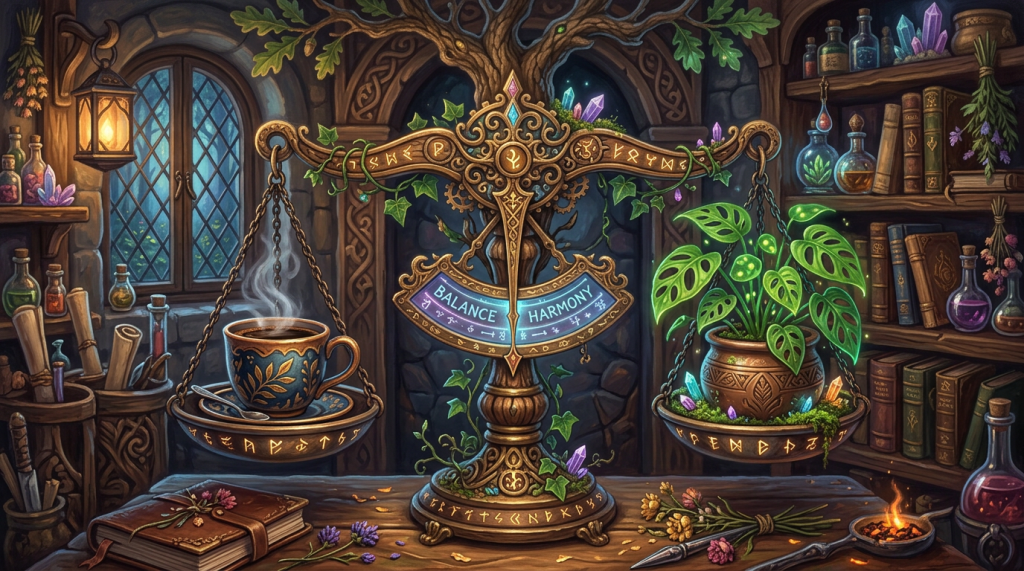 A mystical balance scale with a steaming cup on one side and a glowing potted plant on the other, surrounded by alchemy tools and books