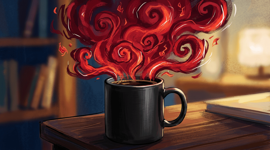 Black coffee mug with swirling red steam rising from it on a wooden table