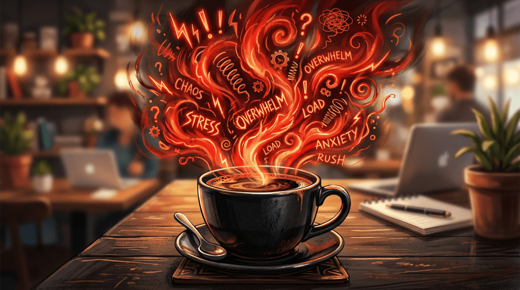 Black coffee cup with red stress steam