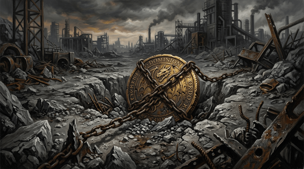 Large golden coin with dragon symbol chained in a cracked, destroyed industrial area