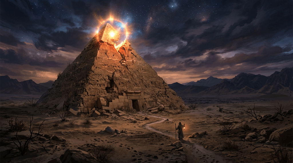 Crumbling pyramid in barren field glowing top
