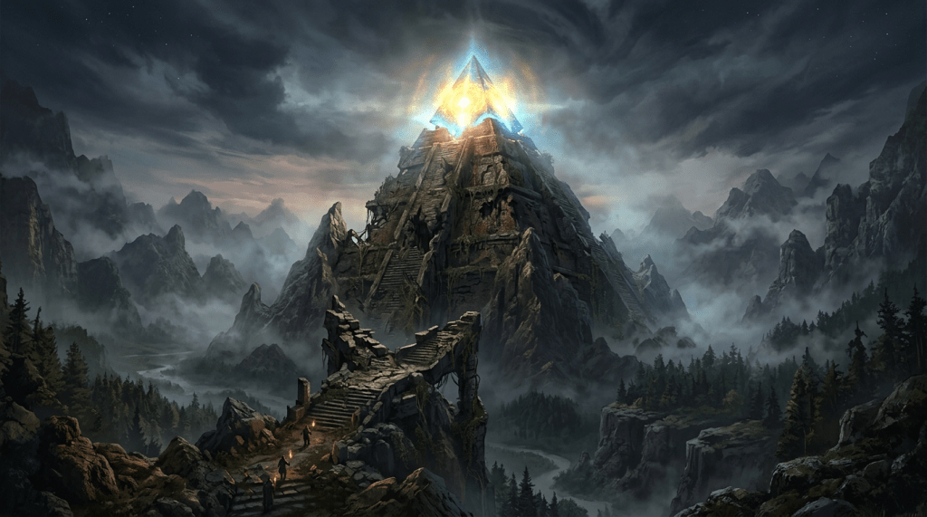 Crumbling pyramid with glowing top in mist