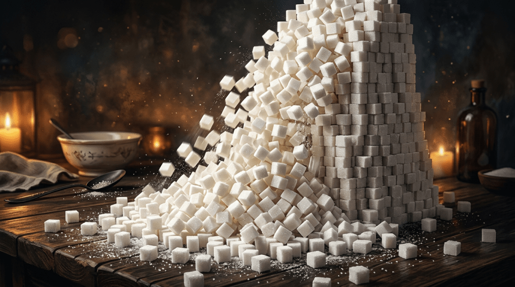 A large pile of white sugar cubes falling and scattering on a wooden table.