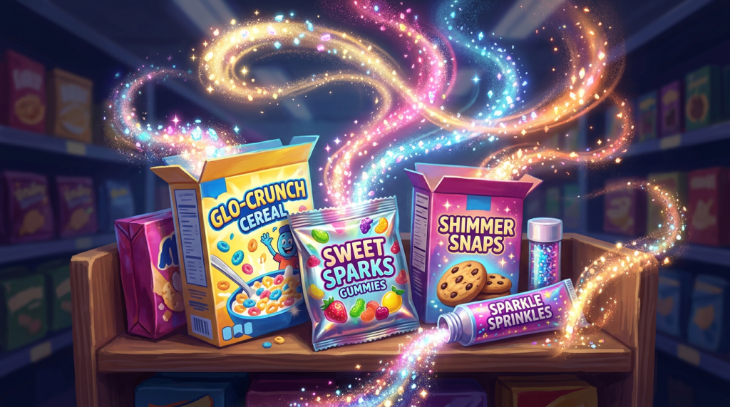 Grocery shelf with cereal, gummies, cookies, and sprinkles emitting colorful sparkling magic