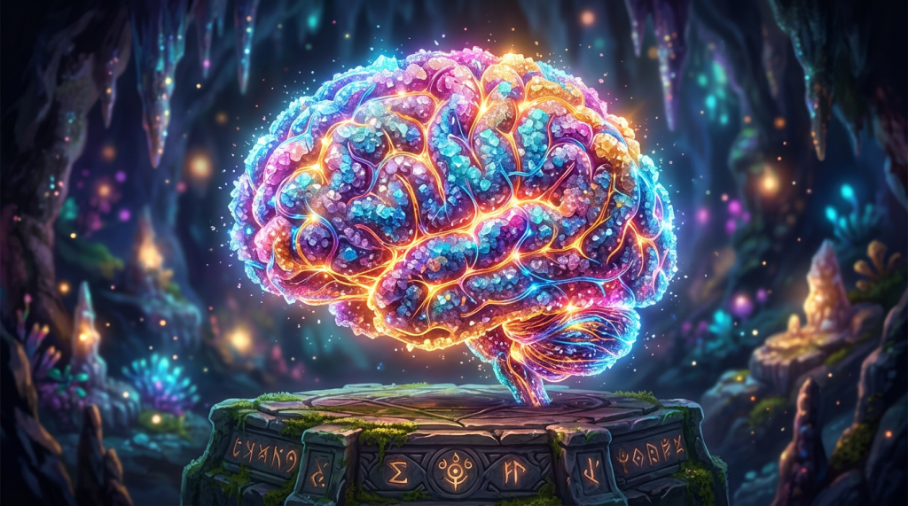 Vivid glowing brain with colorful lights on an engraved stone pedestal in a mystical cave