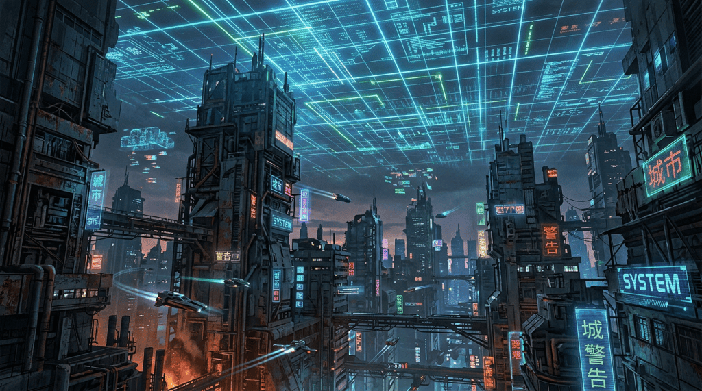 Neon-lit cyberpunk city with flying cars and digital sky grid