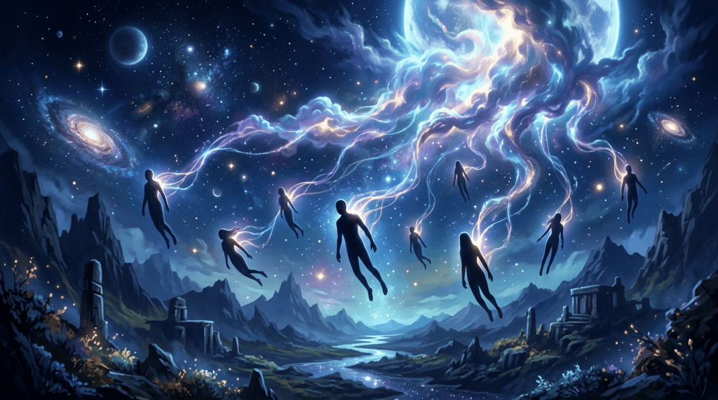 Silhouetted human figures floating upward connected by glowing cosmic tendrils to a bright celestial light