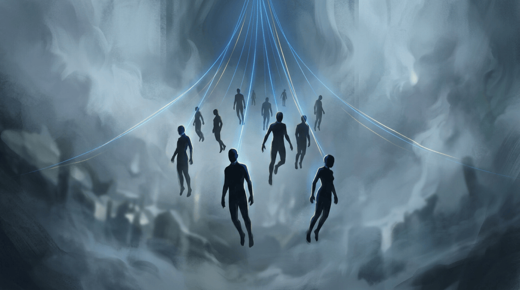 Silhouetted humanoid shapes ascending while connected by glowing blue lines through fog