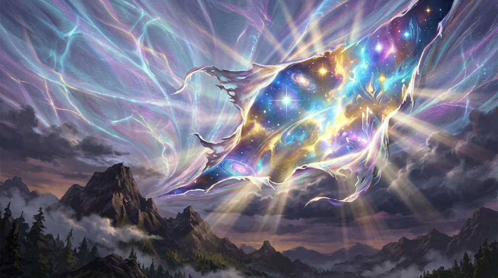 Mountains under a torn veil revealing a vibrant galaxy with stars and nebulae