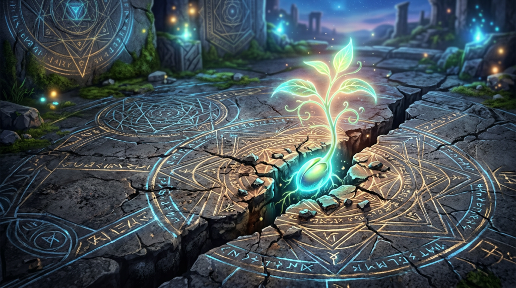 A glowing green plant sprouting from a crack within circular magical runes etched into ancient stone