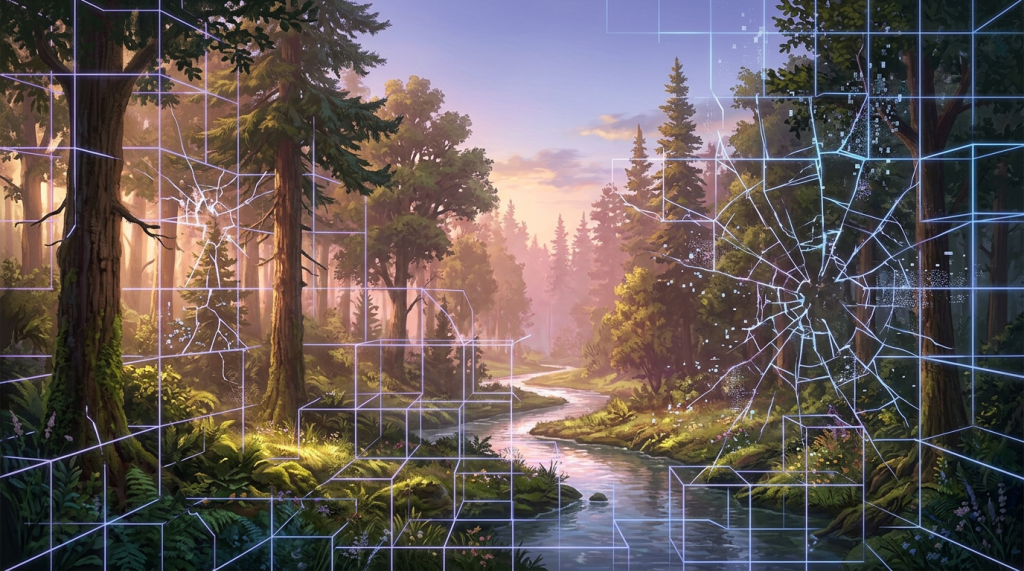 Forest landscape with river and cracks in digital grid overlay