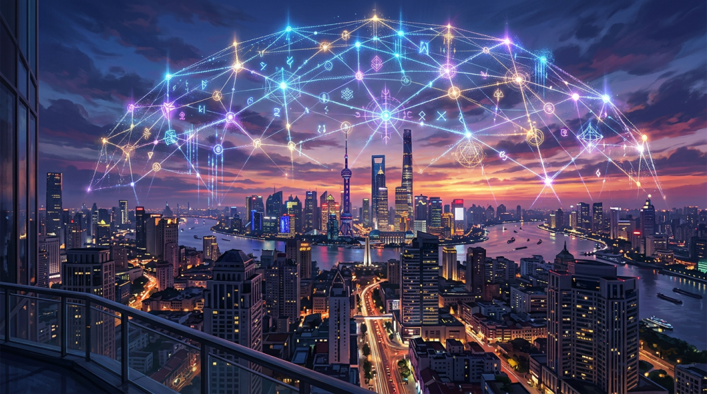 City skyline at dusk with glowing digital network connections and symbols above