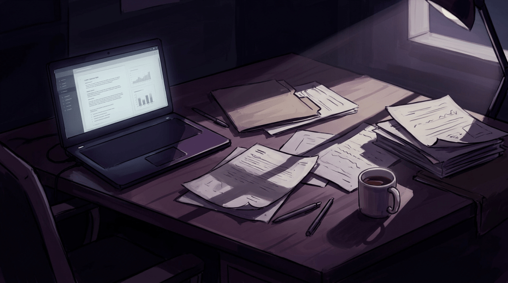 A desk with a laptop displaying graphs, scattered papers, folders, pens, and a coffee mug under a desk lamp