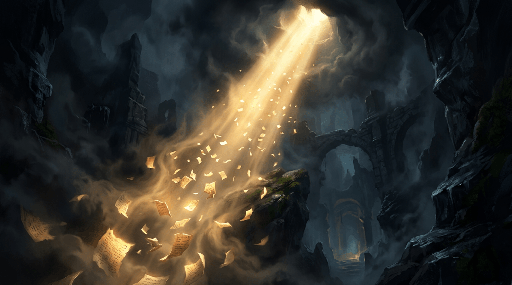 Beam of light shining through cave ceiling illuminating floating old manuscripts