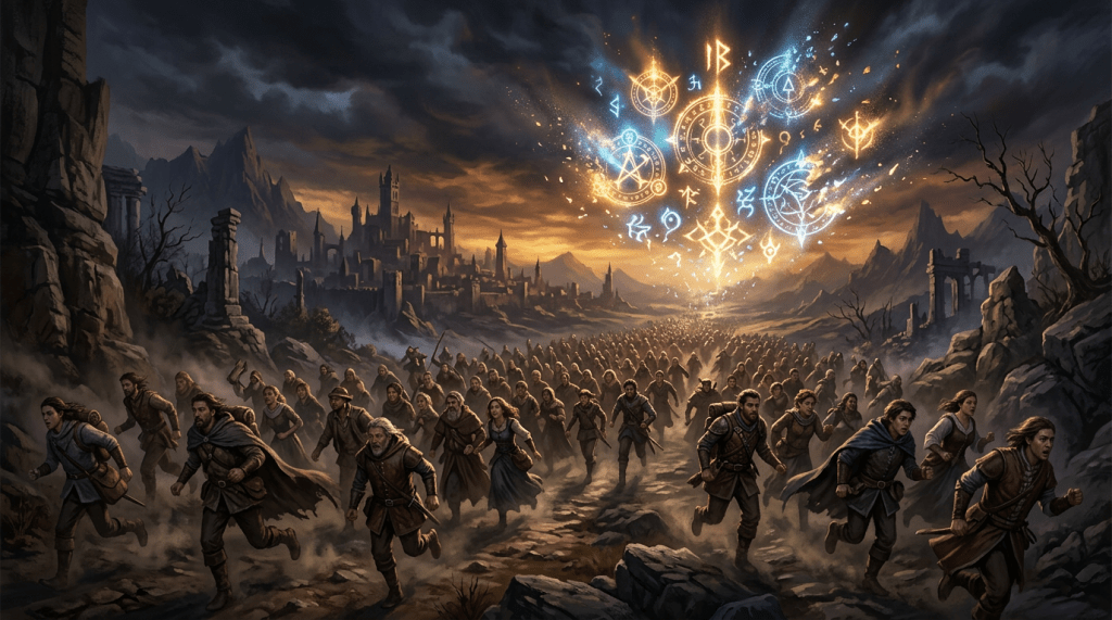 Crowd running away from a dark castle with glowing magical runes in the sky