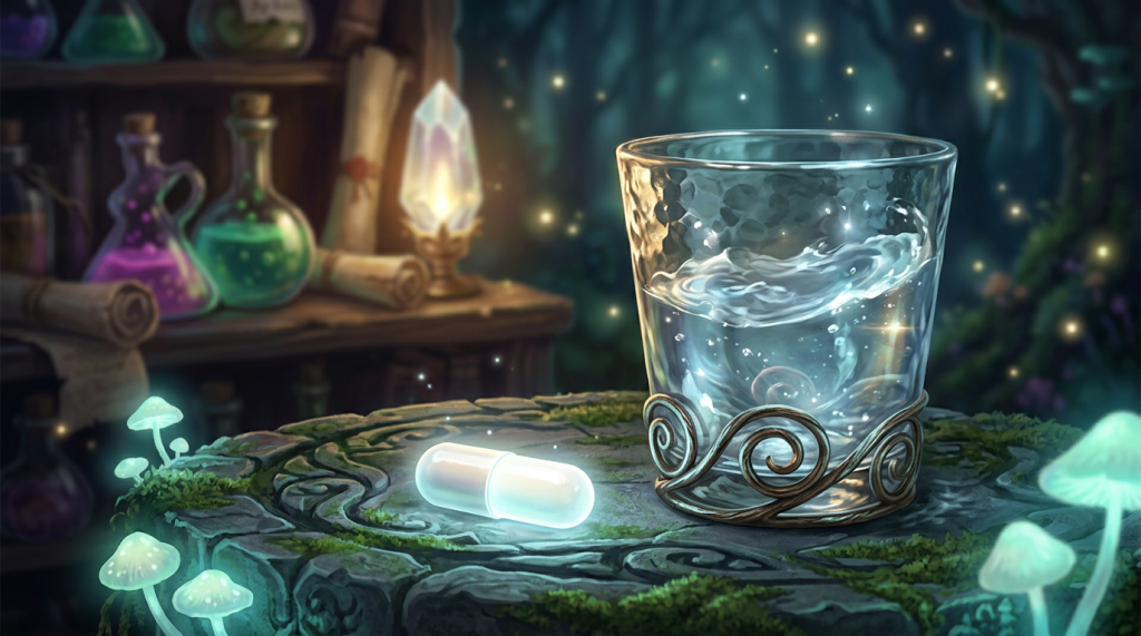 Glowing capsule and swirling liquid in ornamental glass on moss-covered stone altar.