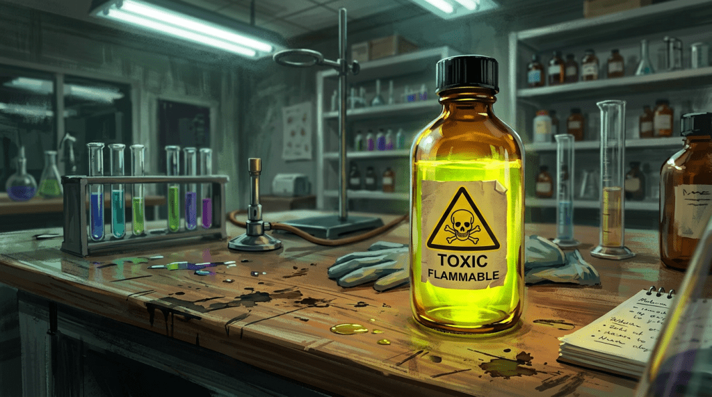 Brown bottle labeled toxic flammable with yellow glowing liquid on a cluttered lab bench