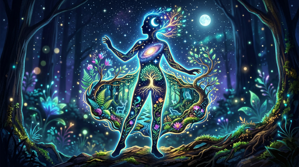 Glowing human silhouette filled with galaxy, plants, animals, and trees in a nighttime forest