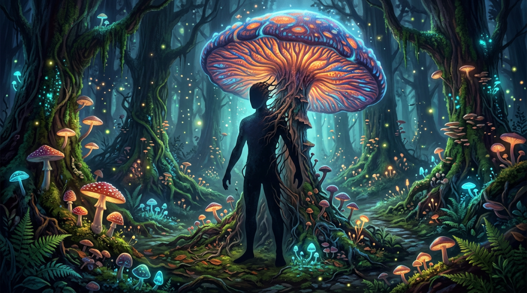 Silhouette of person fused with large glowing mushroom in magical forest with bioluminescent fungi