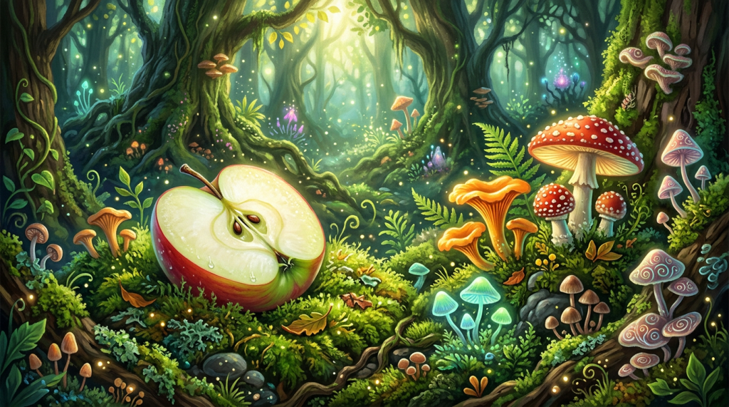 Enchanted forest floor with colorful glowing mushrooms and a halved apple