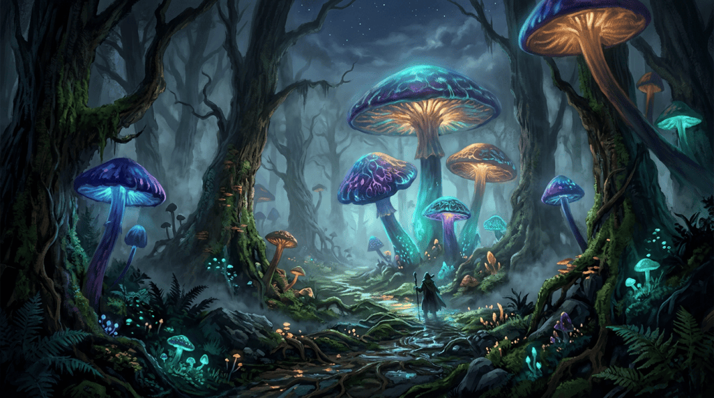 A person with a staff walking along a path in a dark forest filled with large glowing mushrooms and mist
