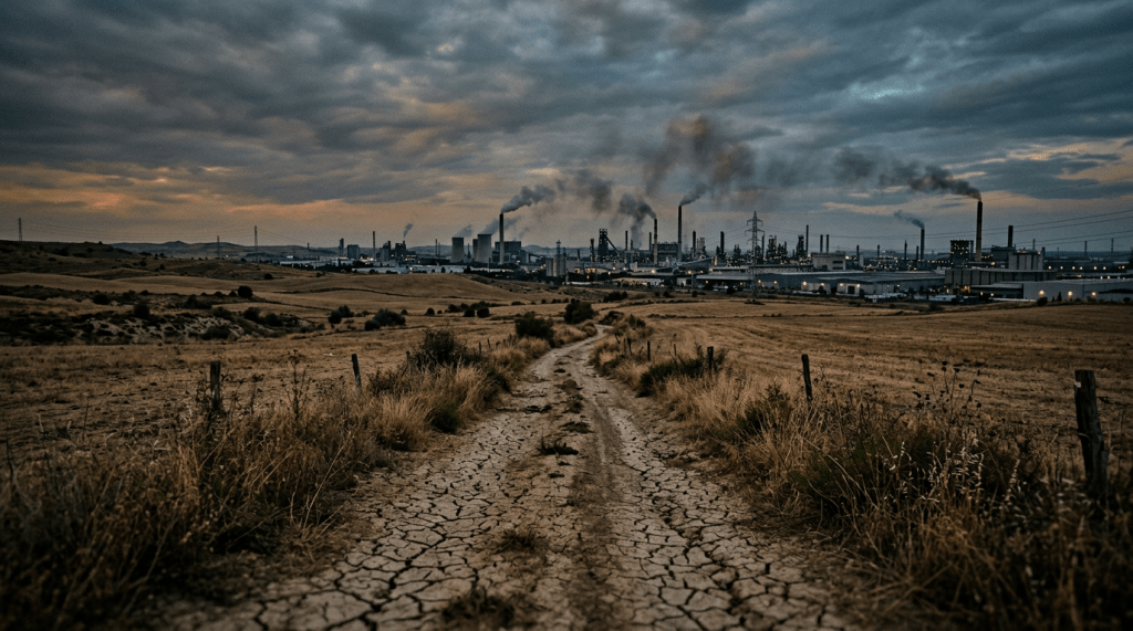 Dirt road through dry grasslands with factory smoke stacks emitting black smoke in the distance.