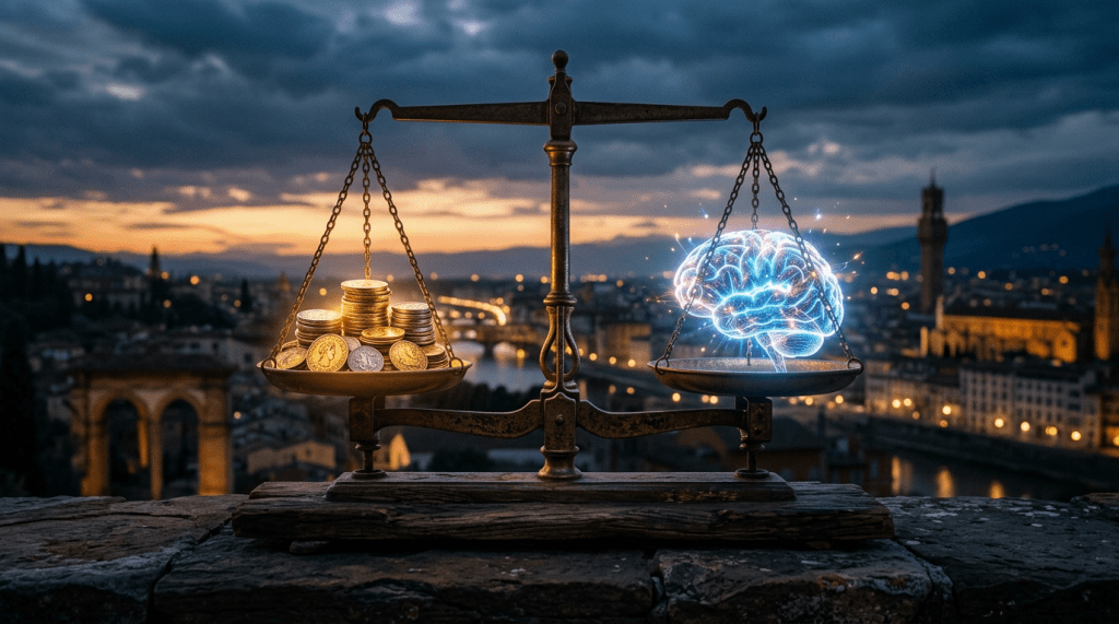 Scale balancing stacks of gold coins on one side and a glowing digital brain on the other side