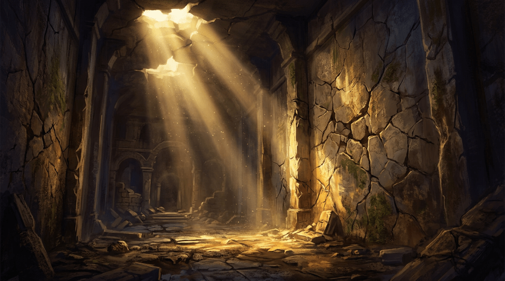 Sunbeams shining through holes in the ceiling of an ancient, cracked stone ruin