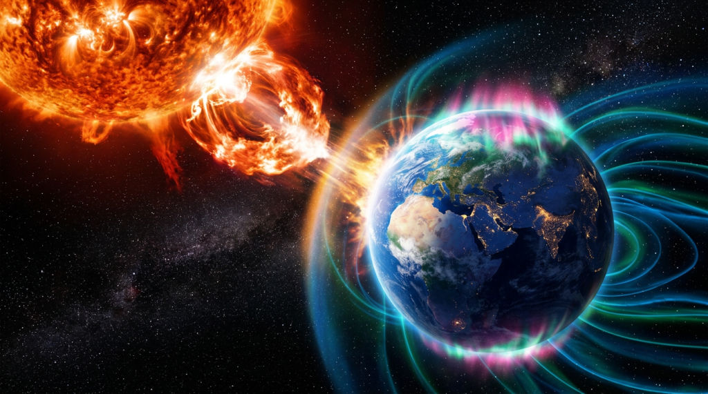 Solar flare emitting plasma and energy towards Earth with magnetic field lines and auroras