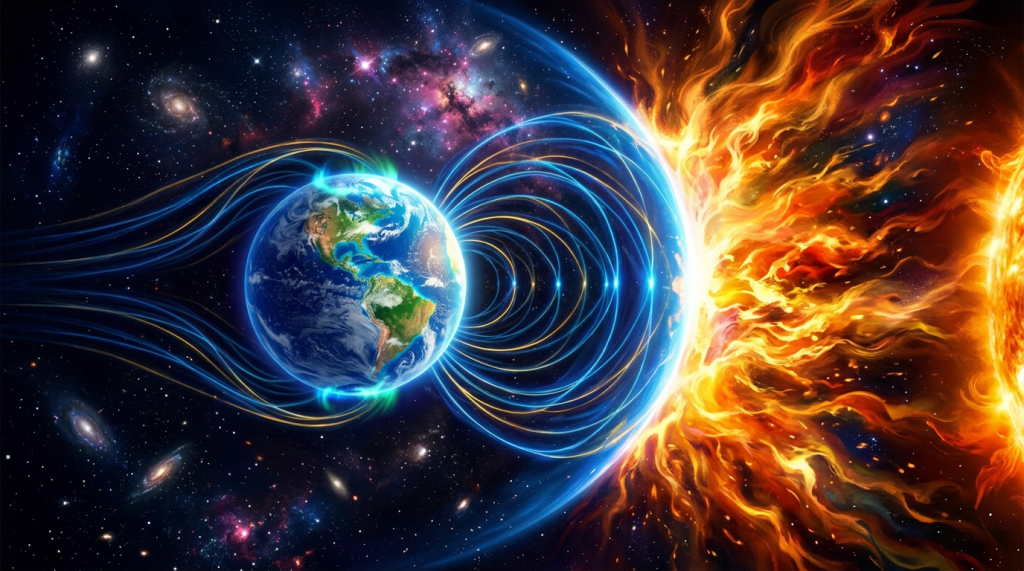 Earth surrounded by magnetic field lines deflecting fiery solar winds from the sun