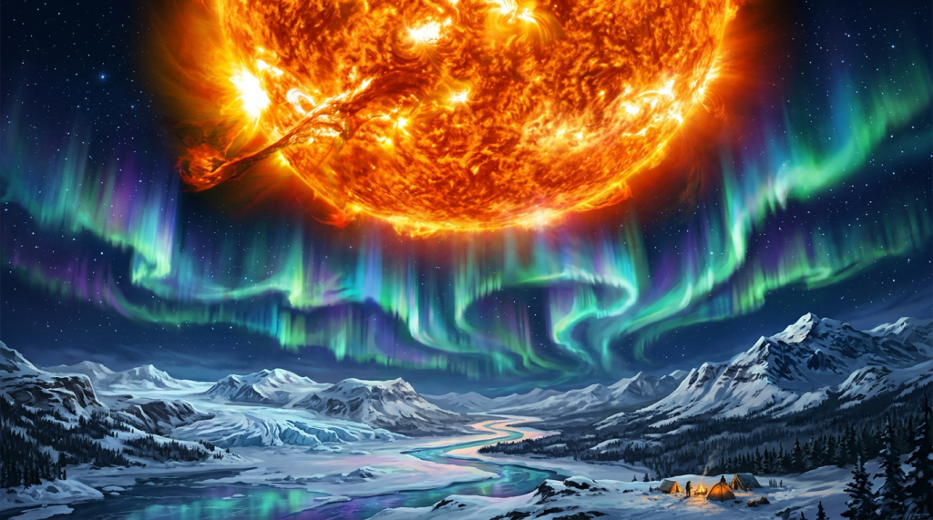 Aurora borealis with an enormous fiery solar flare above a snowy mountain landscape with camping tents