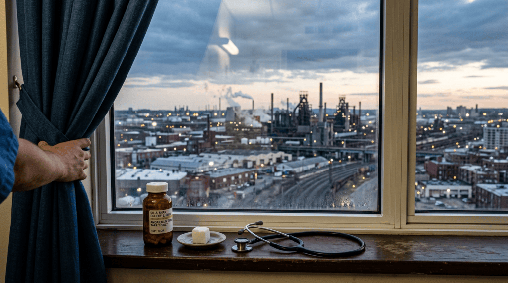 Stethoscope, medication bottle, and sugar cube on windowsill with industrial skyline outside