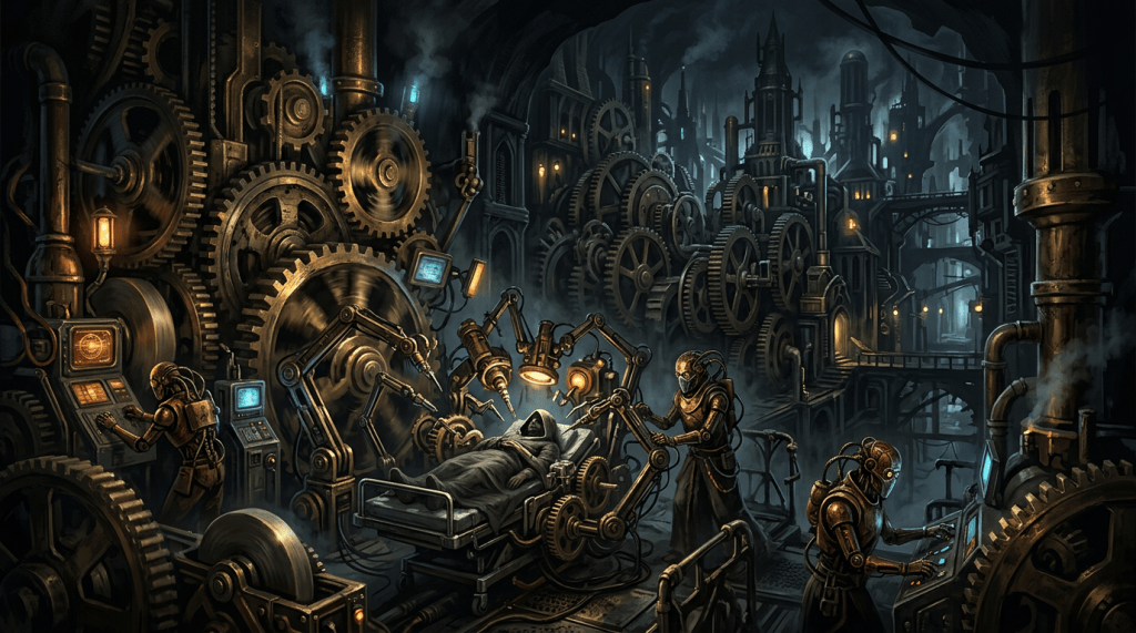Steampunk robots performing surgery on a cloaked patient surrounded by large gears and machinery