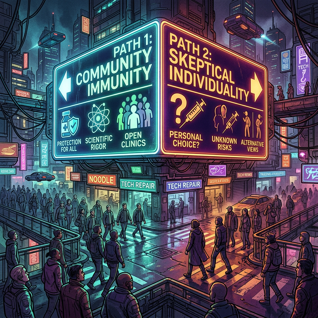 Large illuminated signs showing two paths: Community Immunity with protection, scientific rigor, open clinics; Skeptical Individuality with personal choice, unknown risks, alternative views