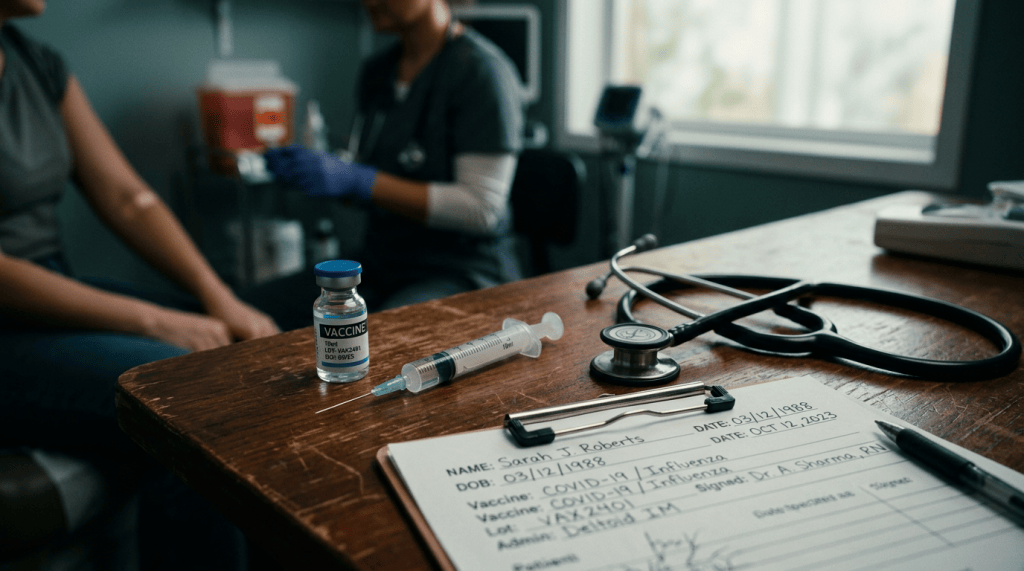 Vaccine vial labeled COVID-19 and influenza with syringe, stethoscope, and vaccination record on table