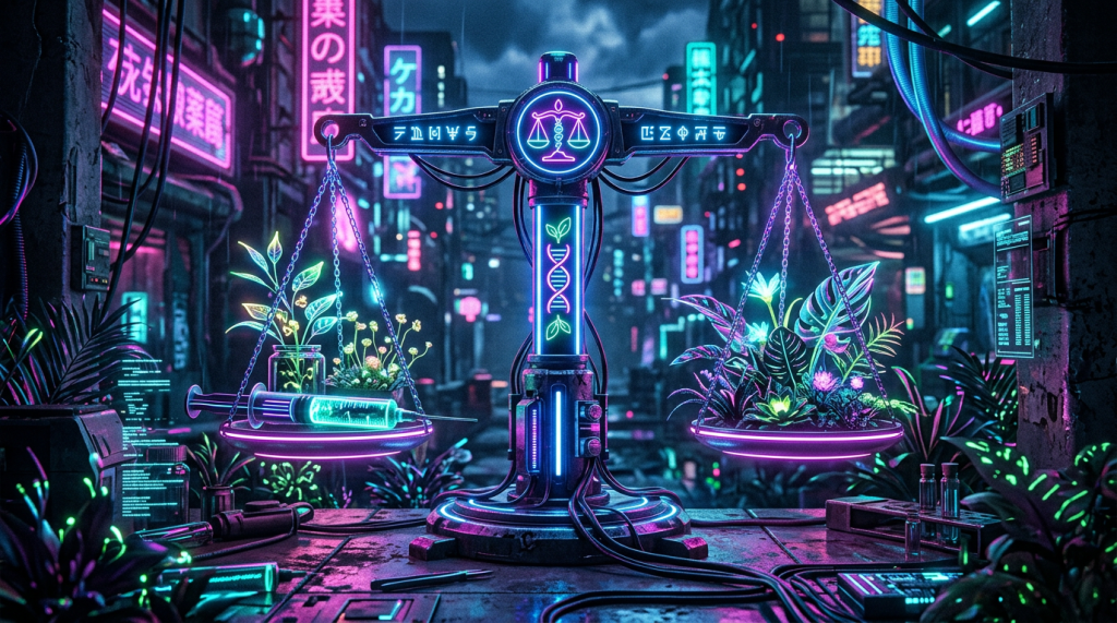 A glowing balance scale with plants on one side and a syringe on the other under neon lights