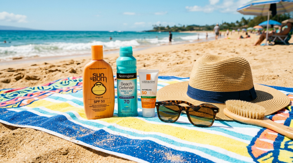 Three sunscreen bottles, sunglasses, a straw hat, and a brush on a beach towel at the shore