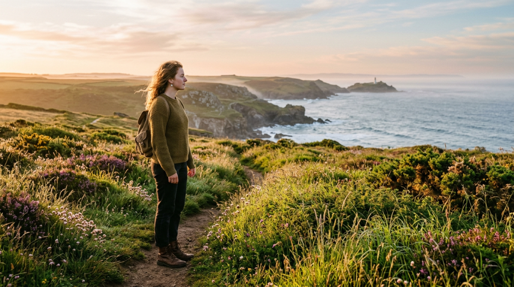 Woman standing on a coastal hiking path overlooking ocean and cliffs at sunset