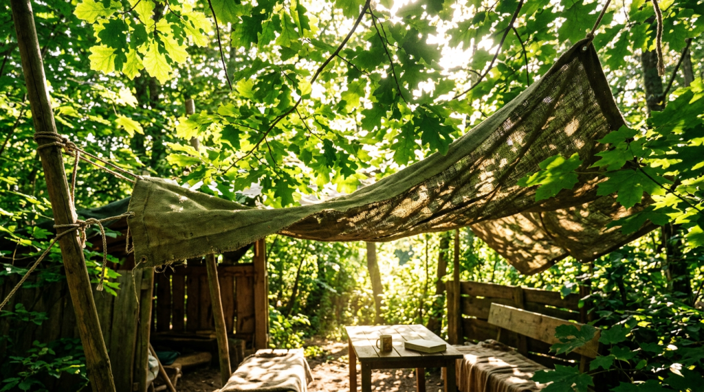 Wooden table and benches under a makeshift cloth canopy in a forest setting