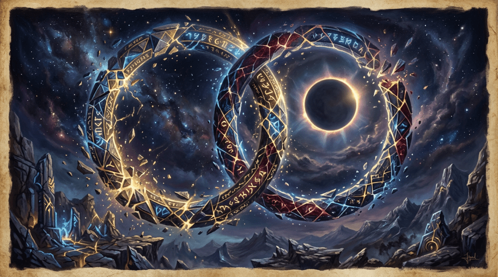 Two glowing ancient rings inscribed with runes orbit a solar eclipse in a mystical night sky