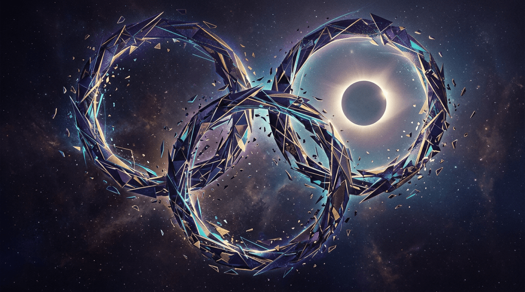 Three glowing polygonal rings interconnected floating in space around a solar eclipse