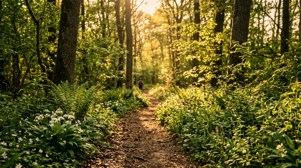 Forest path lined with green plants and white wildflowers under warm sunlight