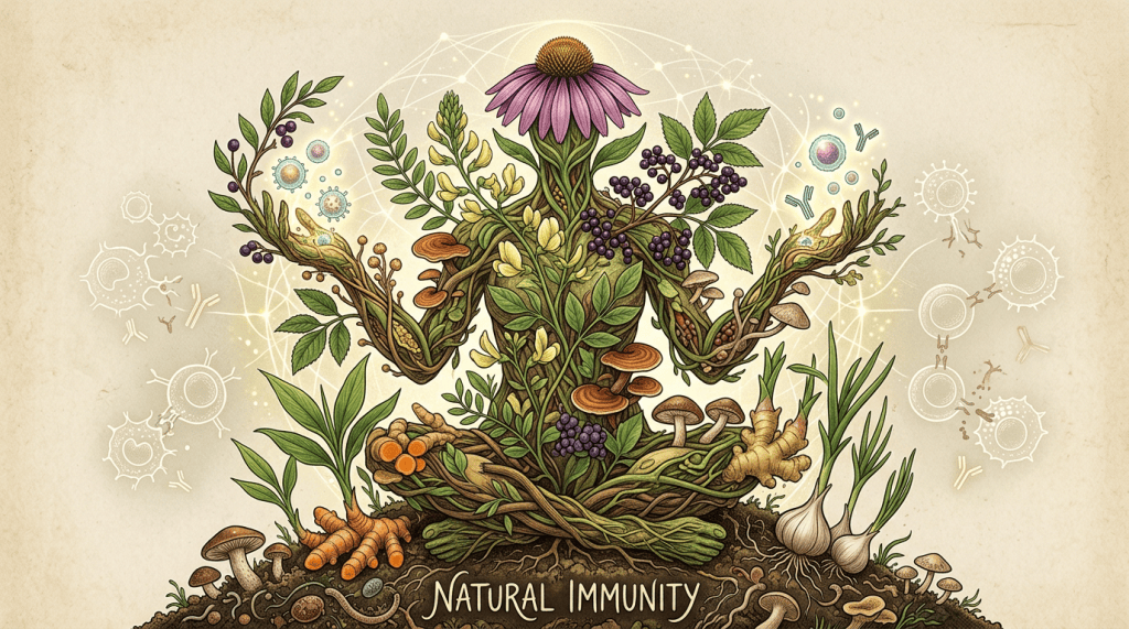 Botanical illustration labeled “NATURAL IMMUNITY” with herbs, mushrooms, berries, and roots