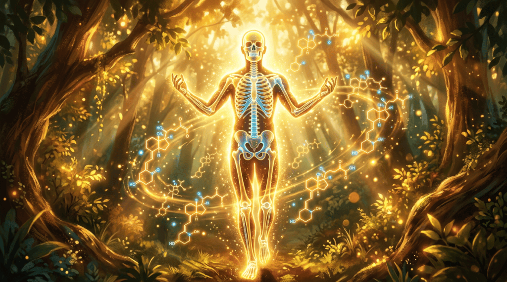 Glowing human skeleton surrounded by molecular diagrams in a forest