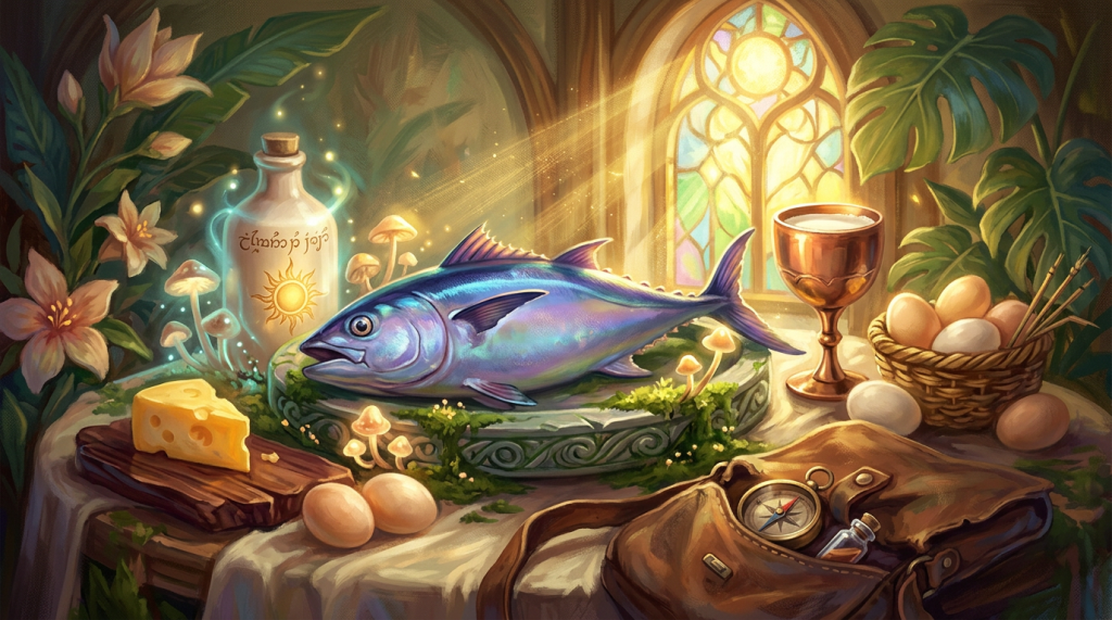 Fantasy still life with fish, goblet, eggs, cheese, and travel satchel