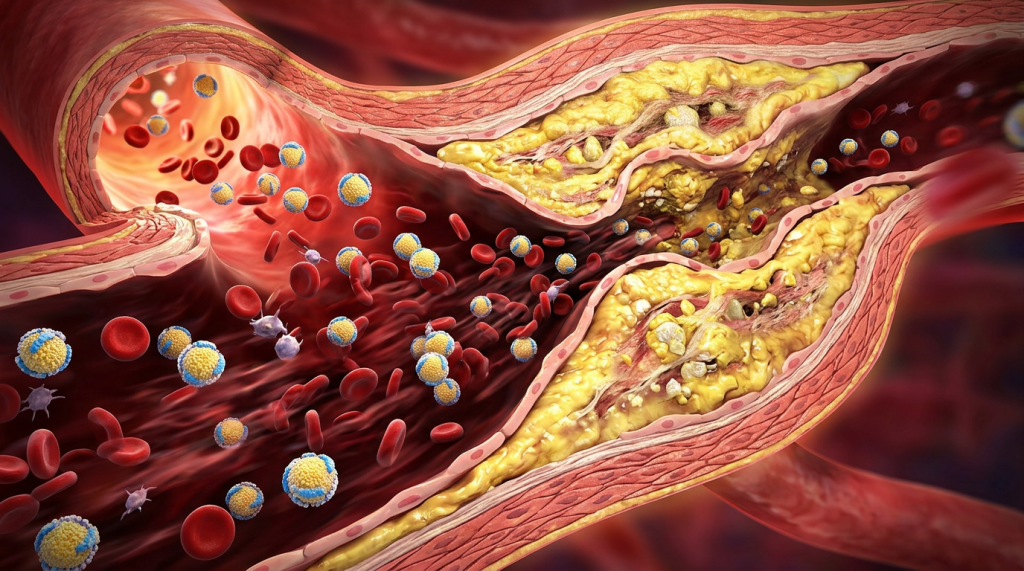 Cross-section of an artery narrowed by yellow plaque buildup